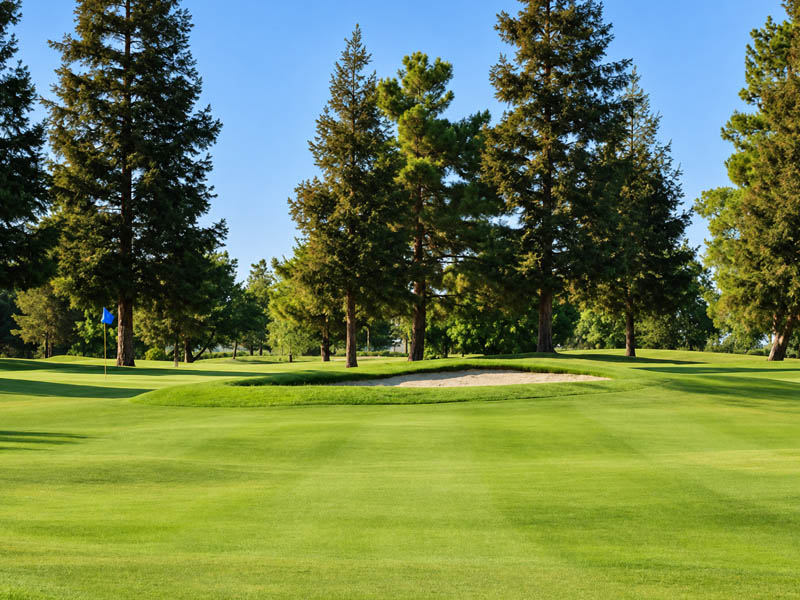 Green with sand bunker and tall trees at Madera Municipal Golf Course in Madera, CA.